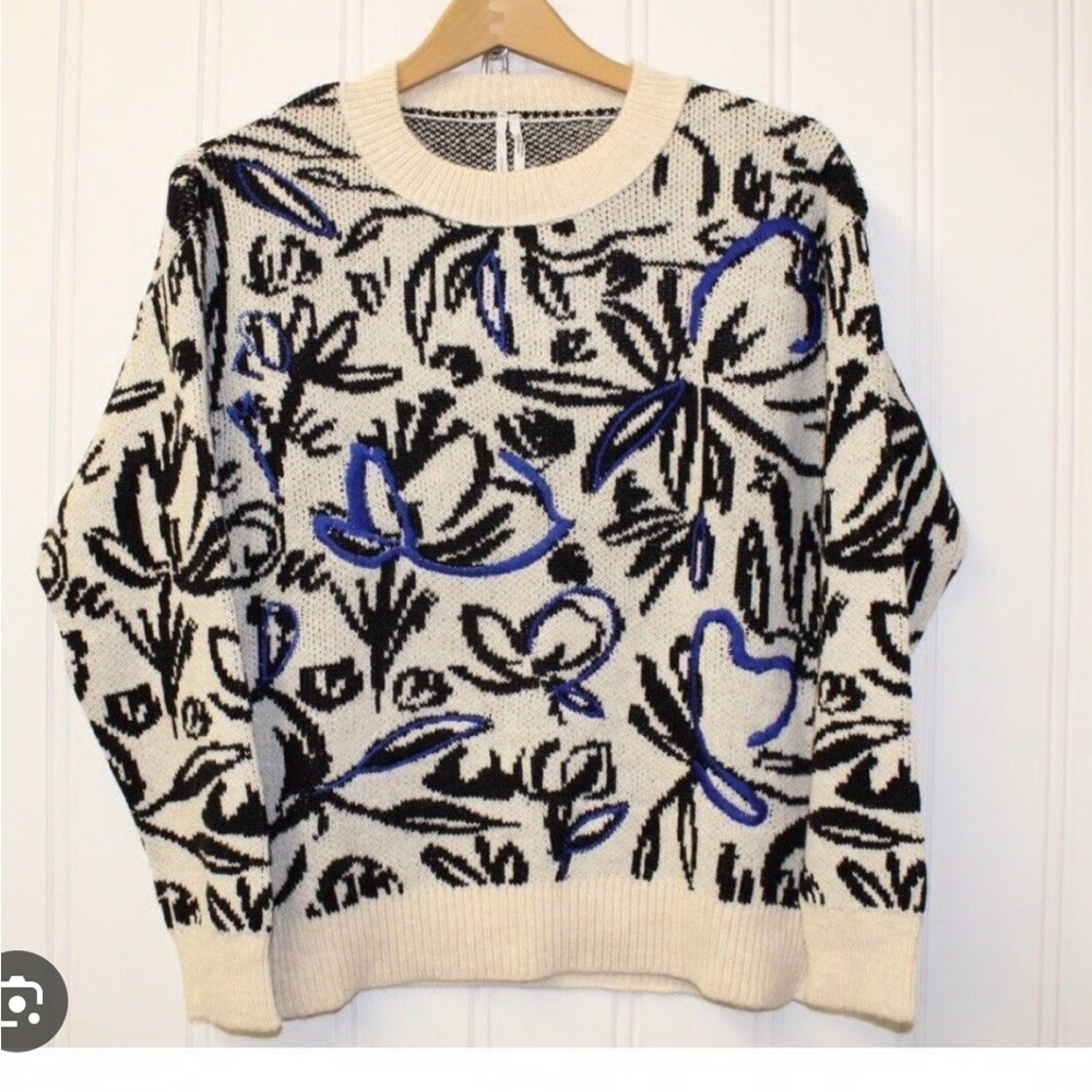 Anthropologie Floral Pop Embroidery Sweater Blue Womens XL NWOT